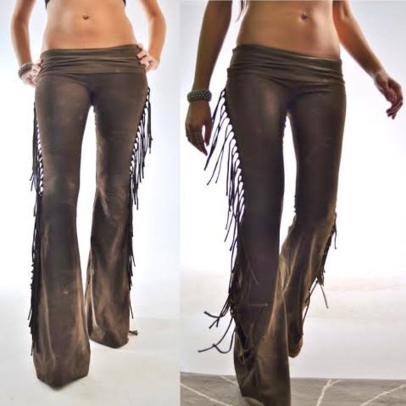 SHORT LENGTH Hiphugger Fringe Bell Bottoms in BROWN TIE DYE Rocker Festival Boho - Picture 7 of 13